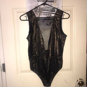 Victoria’s Secret Black & Gold Shimmer Bodysuit with Mesh Deep V in front size L